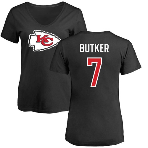 Women Football Kansas City Chiefs #7 Butker Harrison Black Name and Number Logo Slim Fit T-Shirt